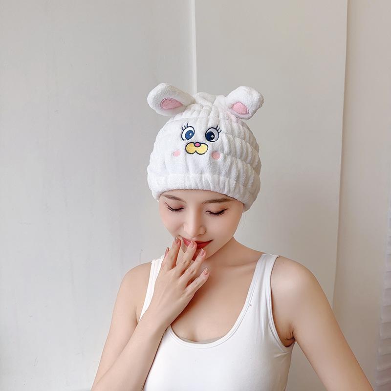 Children's Dry Hair Cap Coral Velvet Cartoon Rabbit Ear Suction Cap Female Adult Shower Cap