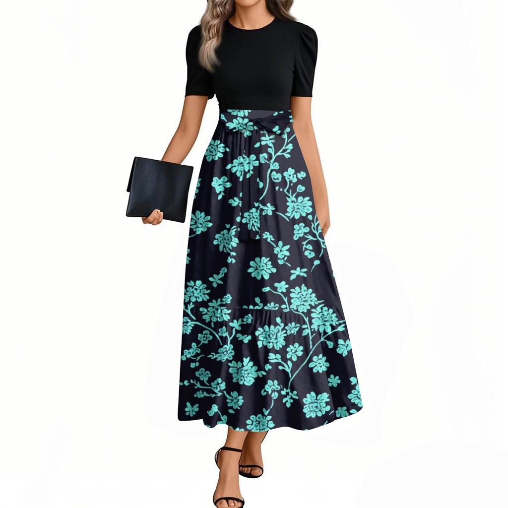 Women's Fashion Casual Belt Short Sleeve Round Neck Floral Stitching Elegant Temperament Dress