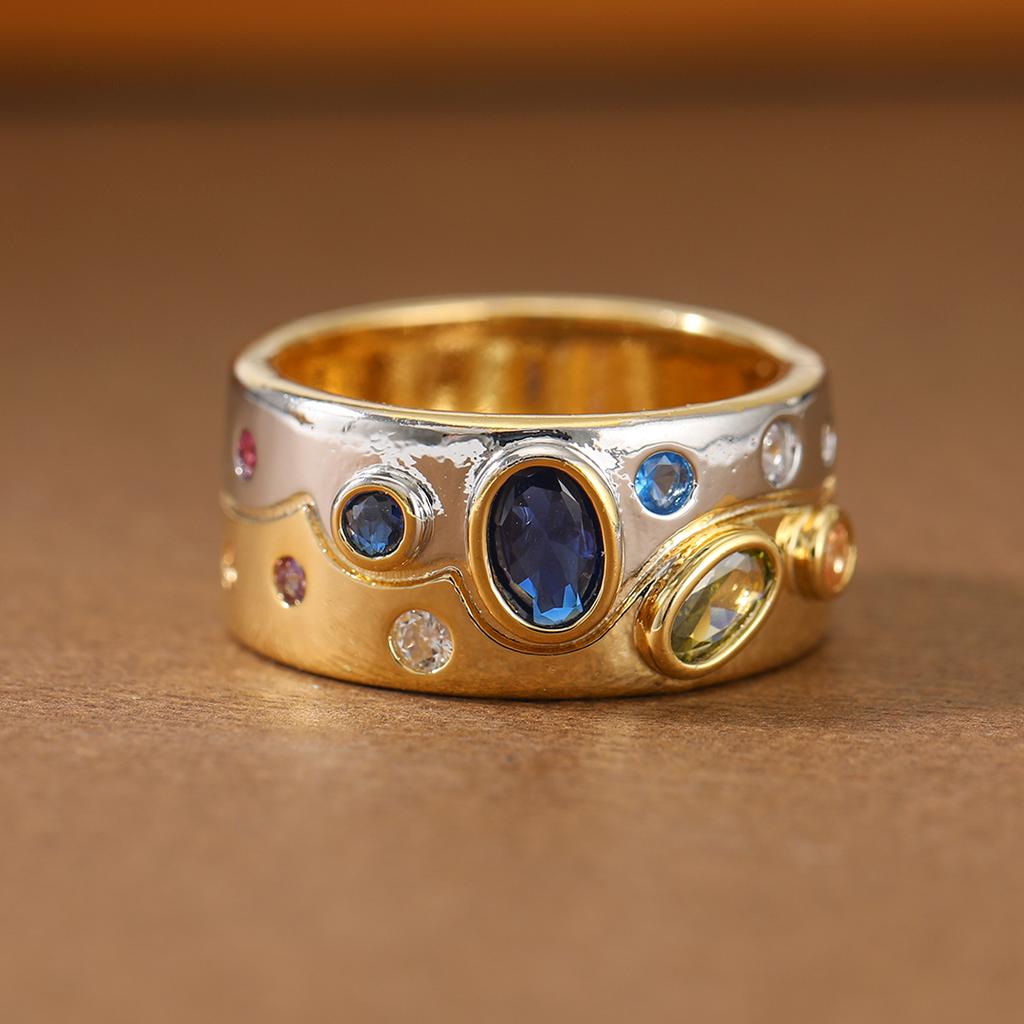 Luxury Two-tone Wide Band Colorful Synthetic Gemstone Ring Copper Material Women Jewelry Ring For Banquet