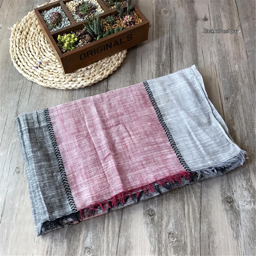 Korean Style Cotton & Linen Patchwork Scarf for Women - Solid Color, Tassel Shawl, Elegant & Easy-to-Match Neck Warmer for Early Autumn