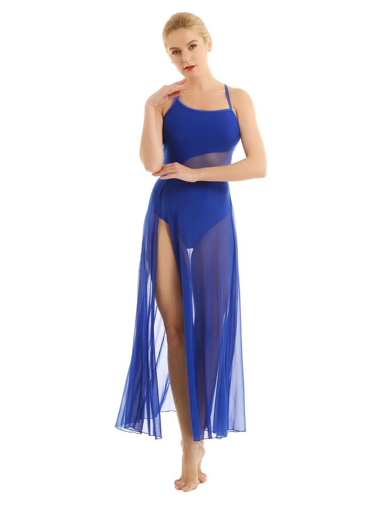 Dance Costume Practice Wear Mesh Splice Asymmetrical Mesh Maxi Dance Dress with Built-In Leotard