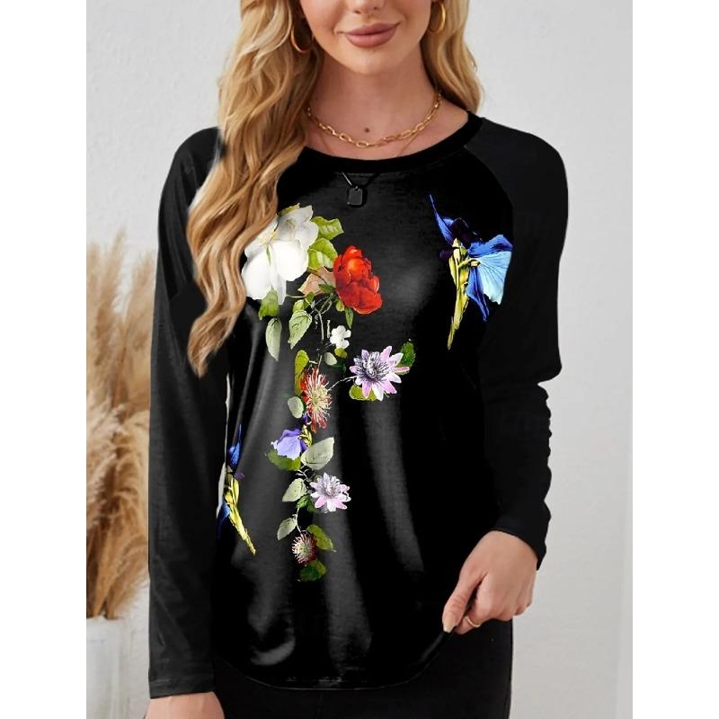 

Весенне-осенний топ с круглым вырезом, цветочным узором и 3D-принтом, модная повседневная женская футболка с длинным рукавом XXXL