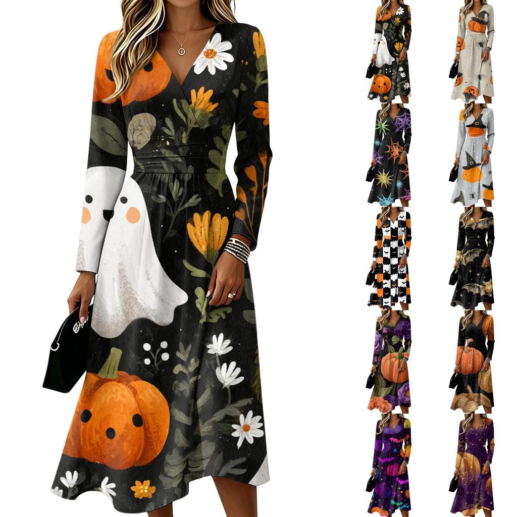 Women's Halloween Print V-Neck Long Sleeve Dress with Pockets for Casual Everyday Wear