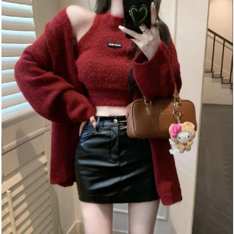 Damen Herbst/Winter Weicher Strickpullover & Strickjacke Zweiteiler - Mittellang, Lässiger Stil für einen würzigen Look