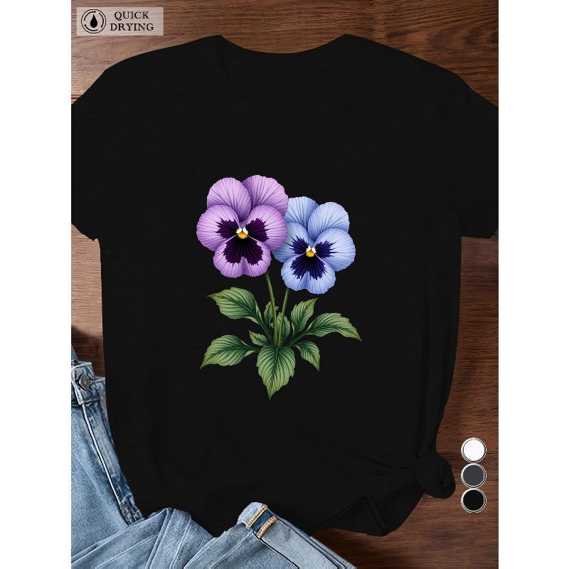 

Women S Plus Size Black T-Shirt with Vibrant Pansy Flower Design - Short Sleeve, Round Neck, Casual Style, Polyester, Machine Washable, S чёрный
