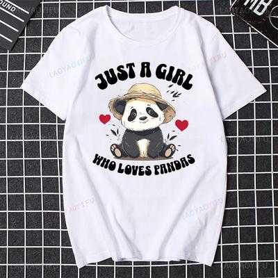 JUST A GIRL WHO LOVES PANDRS Panda Print T-shirt Cute Panda Animal Lovers Round Neck Short-sleeve Simple Style Tees