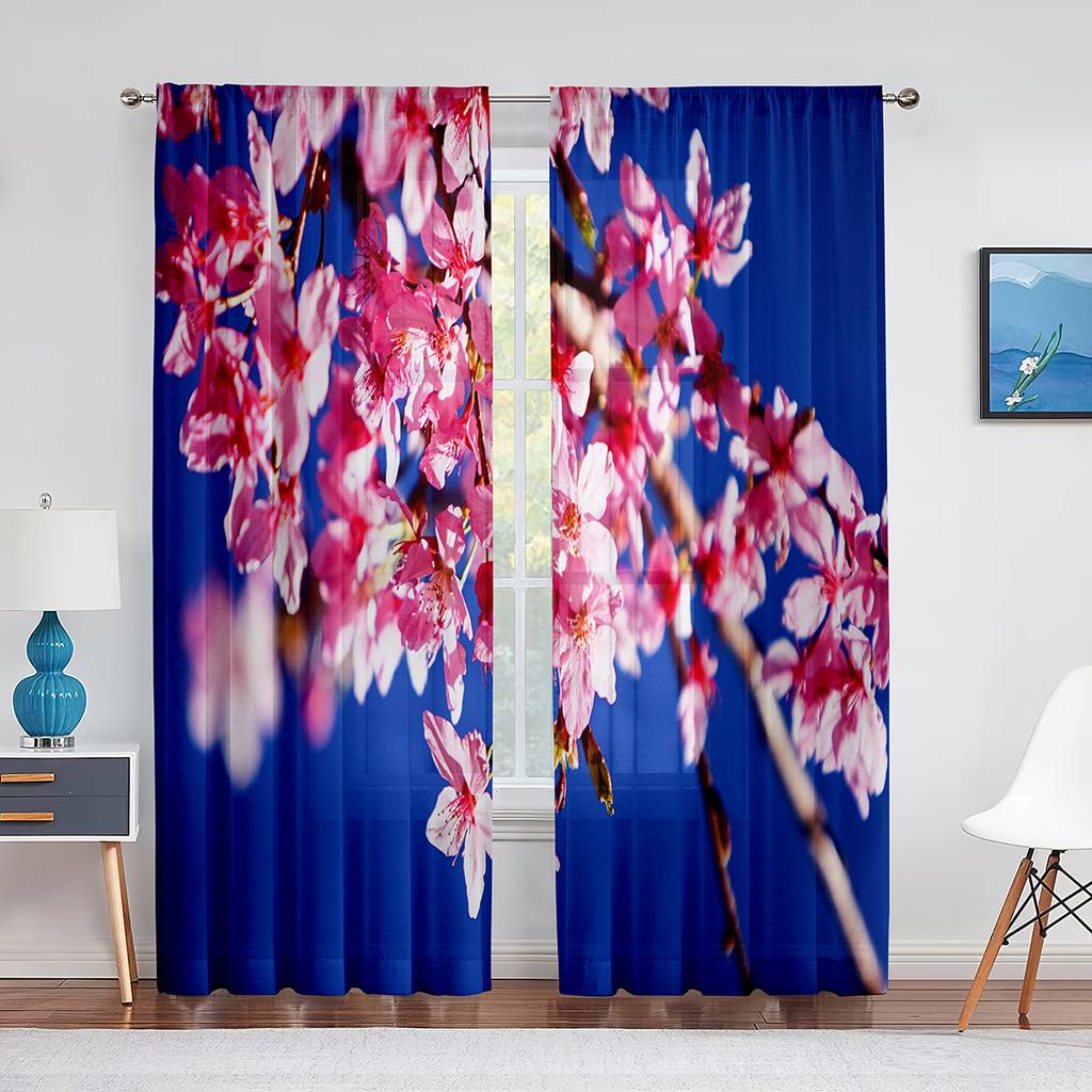 Cherry Blossom Sheer Voile Curtain Floral Sakura Blossom Pink Flower Window Tulle Curtains for Living Room Bedroom Kitchen Decor
