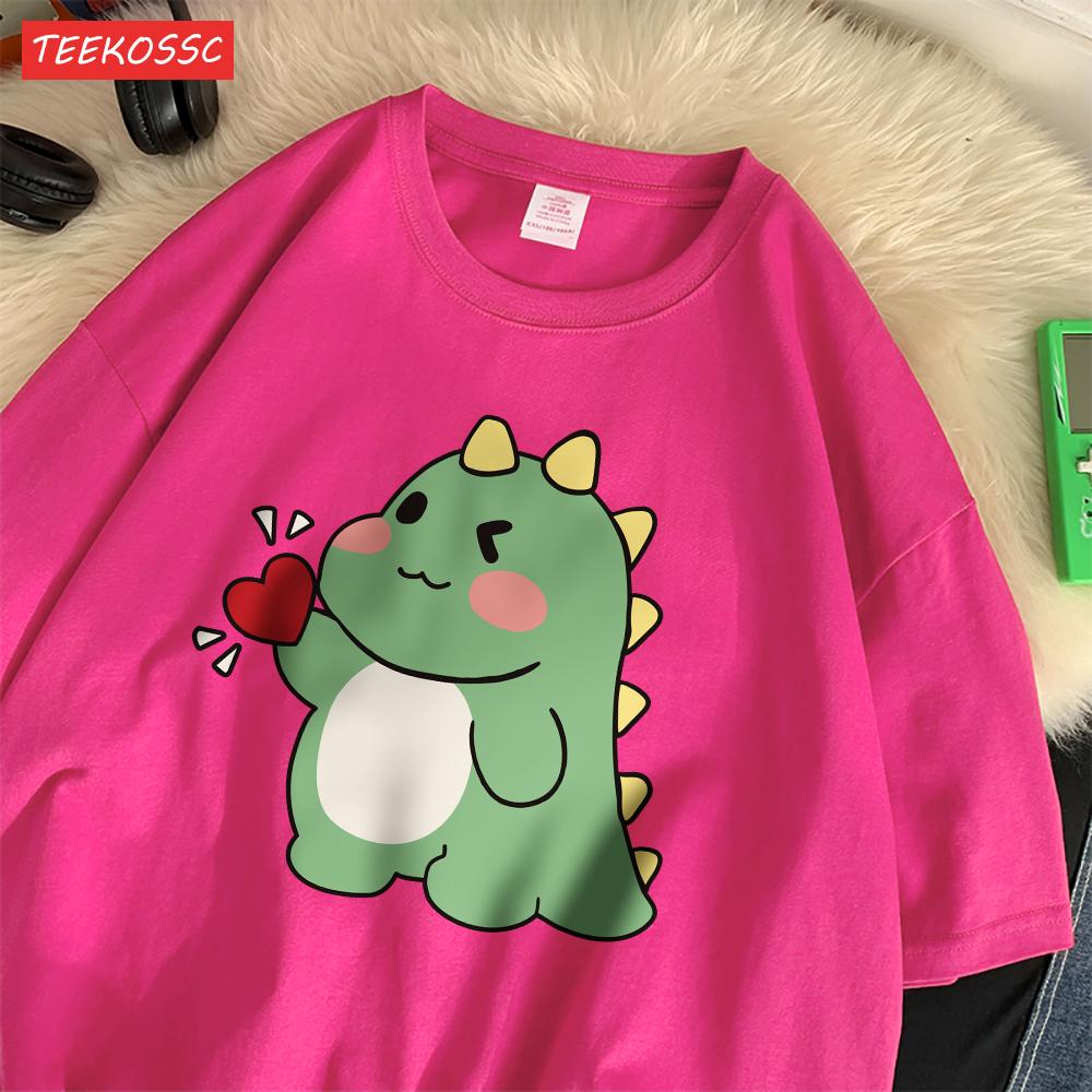 Trend Cotton WomenS TShirts Cute Little Dinosaur Confesses Love Printing Tee Shirts Soft Loose ONeck Summer Female Clothes