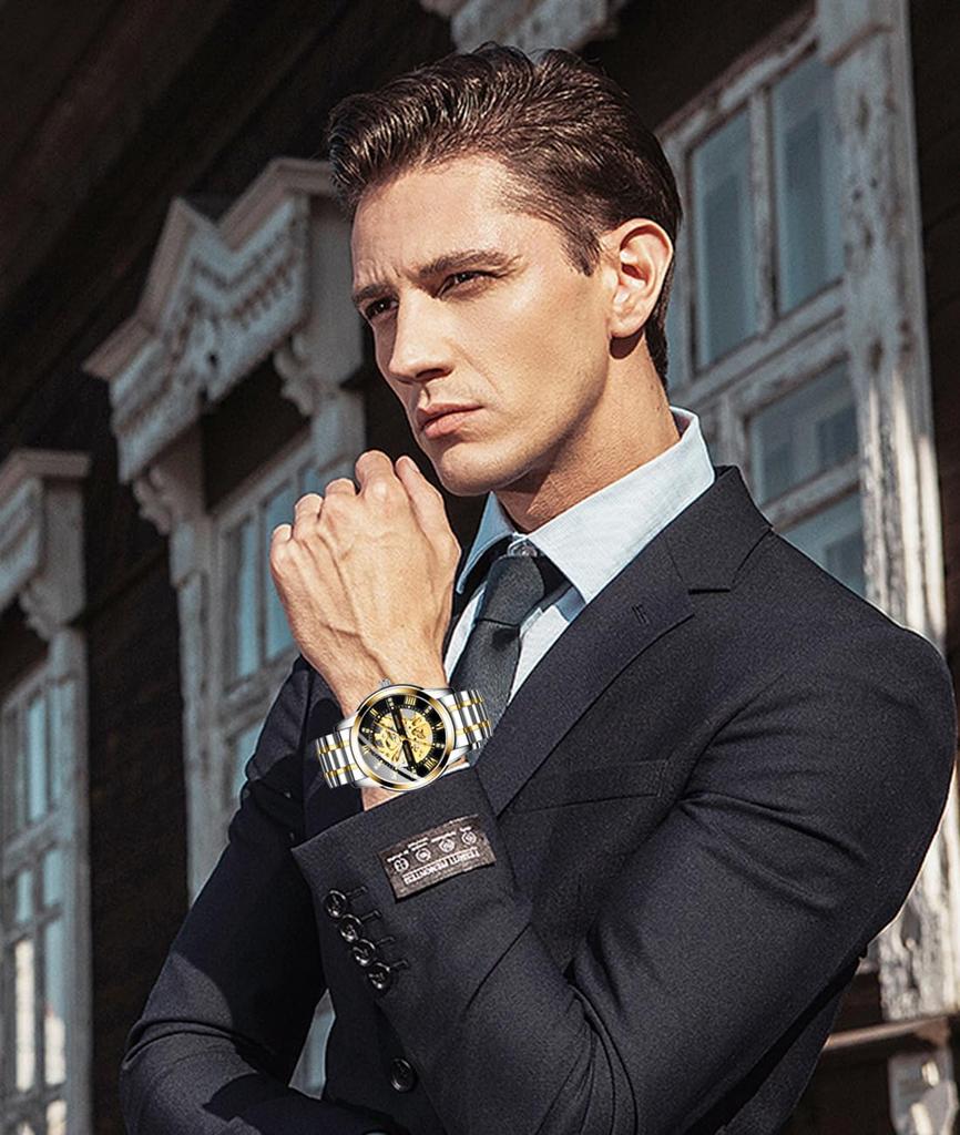 TeamSky Mechanical Automatic Mechanical Roman Stainless Large Day Gift Silver Band Watch, Men's Watch, Steel, Waterproof, Hand-wound Watch, Numerals,