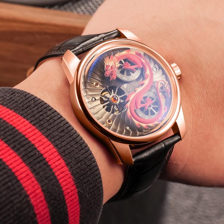 Rose Gold Stainless Steel case Mechanical 3D Red Dragon Watch for Men Automatic Wristwatches logo Brand Customized Supplier