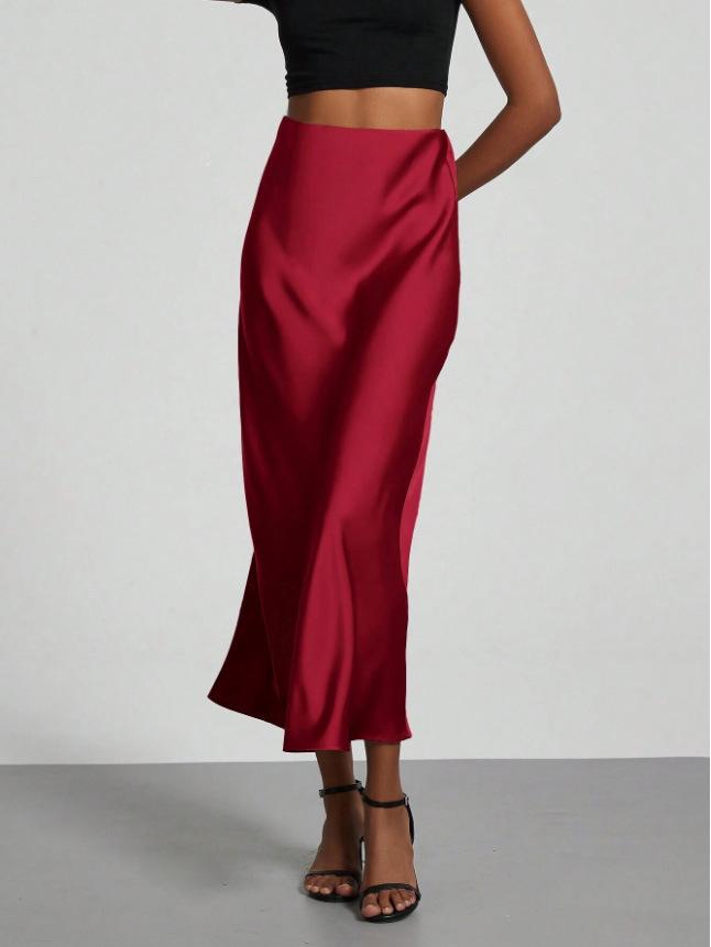 

2026 Summer High-Waisted Satin Women s Skirt - New European and American Fashion M вина червоного кольору