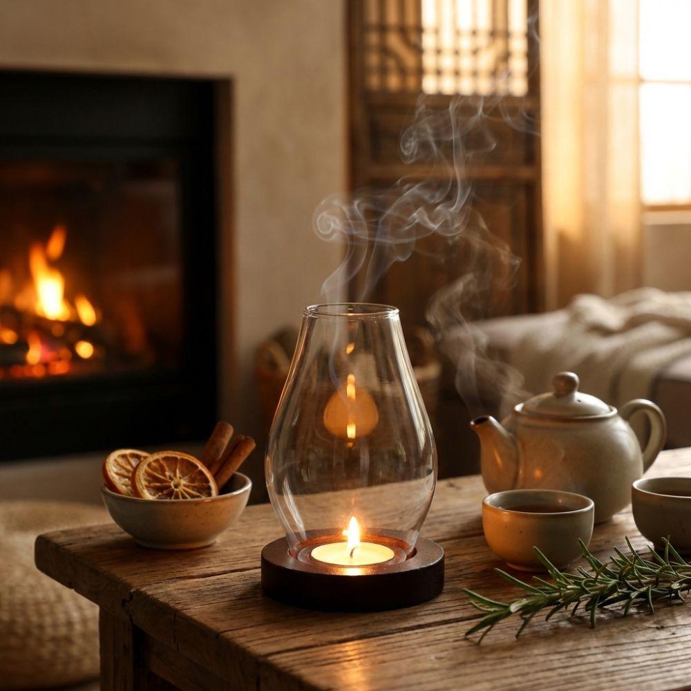 Base in Legno Massello Portacandele in Vetro Lampada per Incenso Trasparente Ambiente Interno