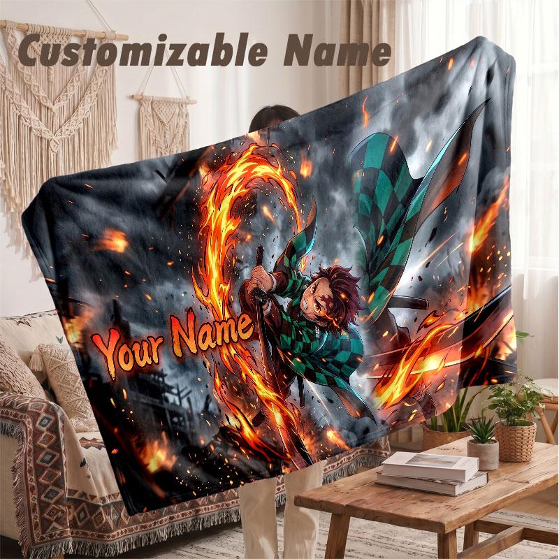 Custom Name Flannel Blanket,Demon Slayer Lightweight Warm Bed Blanket For Couch & Holiday Gift