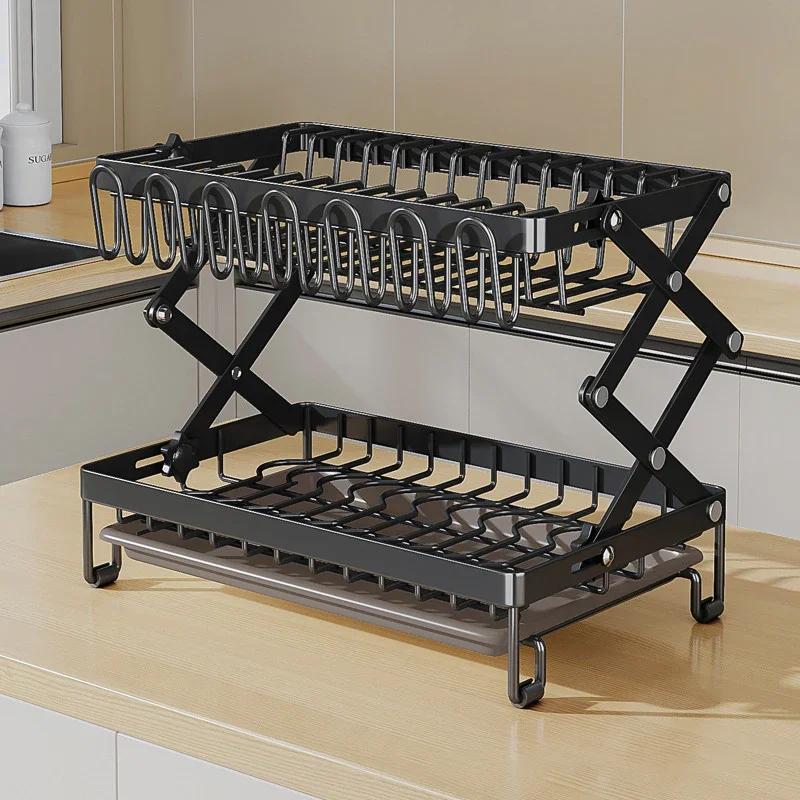 2-Tier Collapsible Bowl Drainer Rack - Foldable Metal Kitchen Counter Storage Holder for Bowls and Utensil Drying