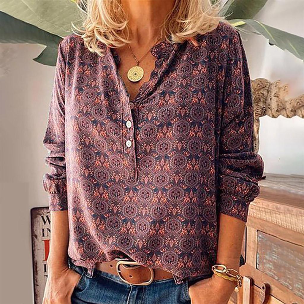 

Womens Fashion Casual Button Long Sleeve Vintage Print T-Shirts Tops Blouse M винний