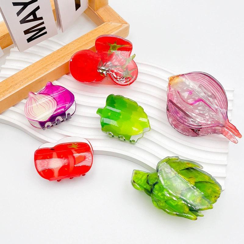 Acrylic Hair Claw Clips Kawaii Food Shape Unique Lettuce Tomato Onion Design Durable Hair Accessories for Girls Daily Outfits