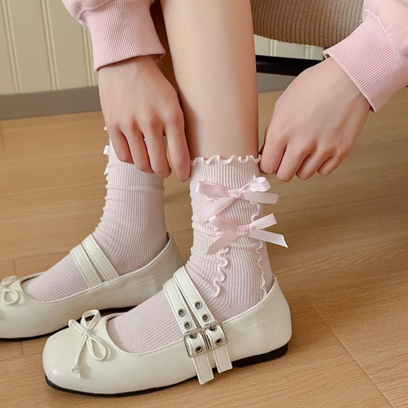 Lolita Kawaii Women Socks Bow Sweet Girls Cute Ruffle Socks Women Japanese Style Solid Color Black White Gray Long Socks Sox