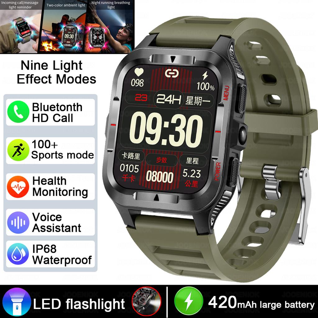 Military Grade SmartWatch Men LED flashlight Waterproof Sports Fitness Tracker Health Monitor BT Call Smartwatch For Android iOS