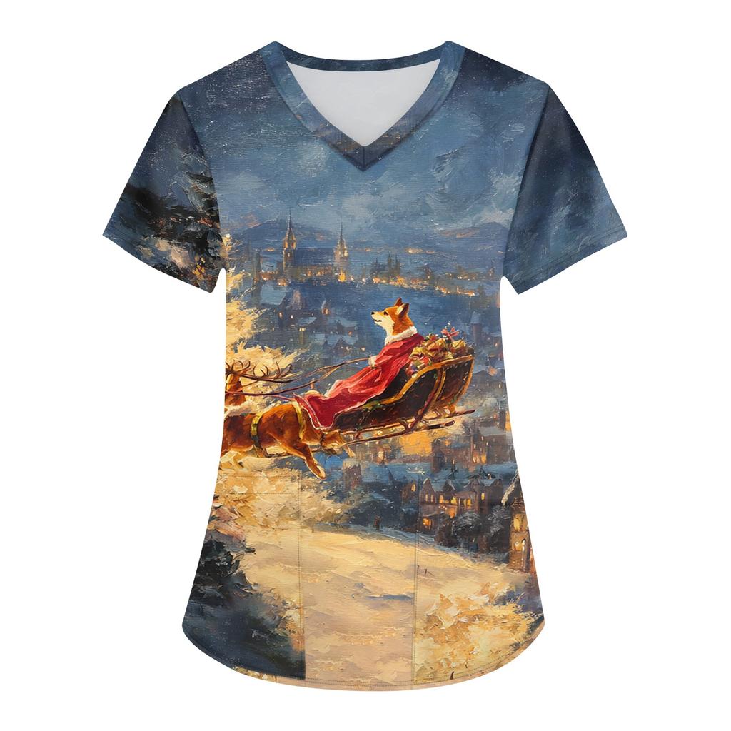 Women's Printing Uniform Work Uniform V-neck Pockets Basic Short Sleeve Pullover Top