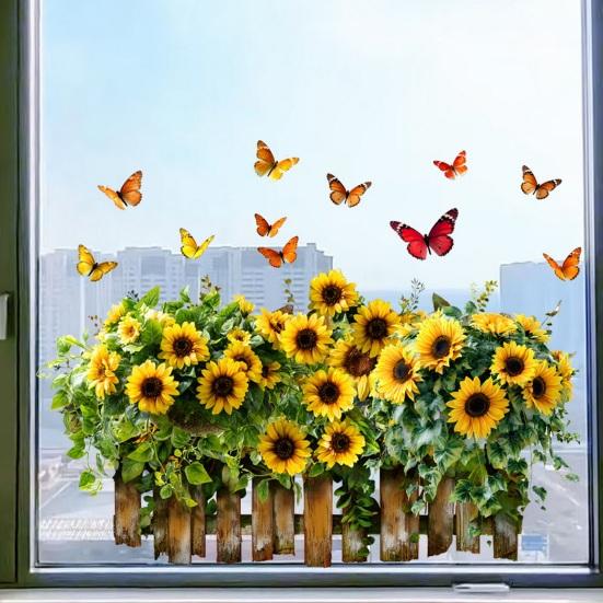 Flower Butterfly Window Cling PVC Spring Floral Window Decals Anti Collision Removable Stickers for Home Party Shop Glass Door Window Decoration