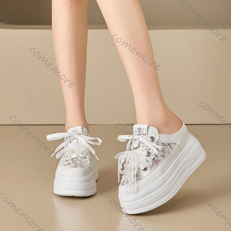 Comemore Summer New Heightening Sneakers Baotou Half Slippers Outside Wear Thick Bottom Leisure Lace Lace Up Board Shoes