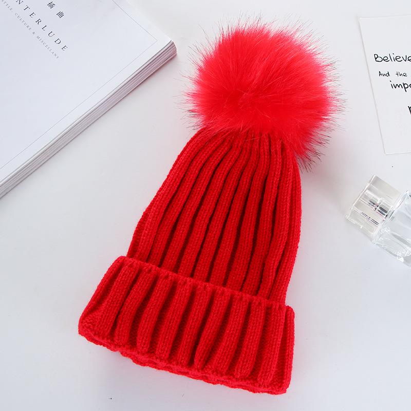 Korean Style Pom Pom Knit Beanie - Warm, Solid Color, Rolled Brim for Autumn & Winter