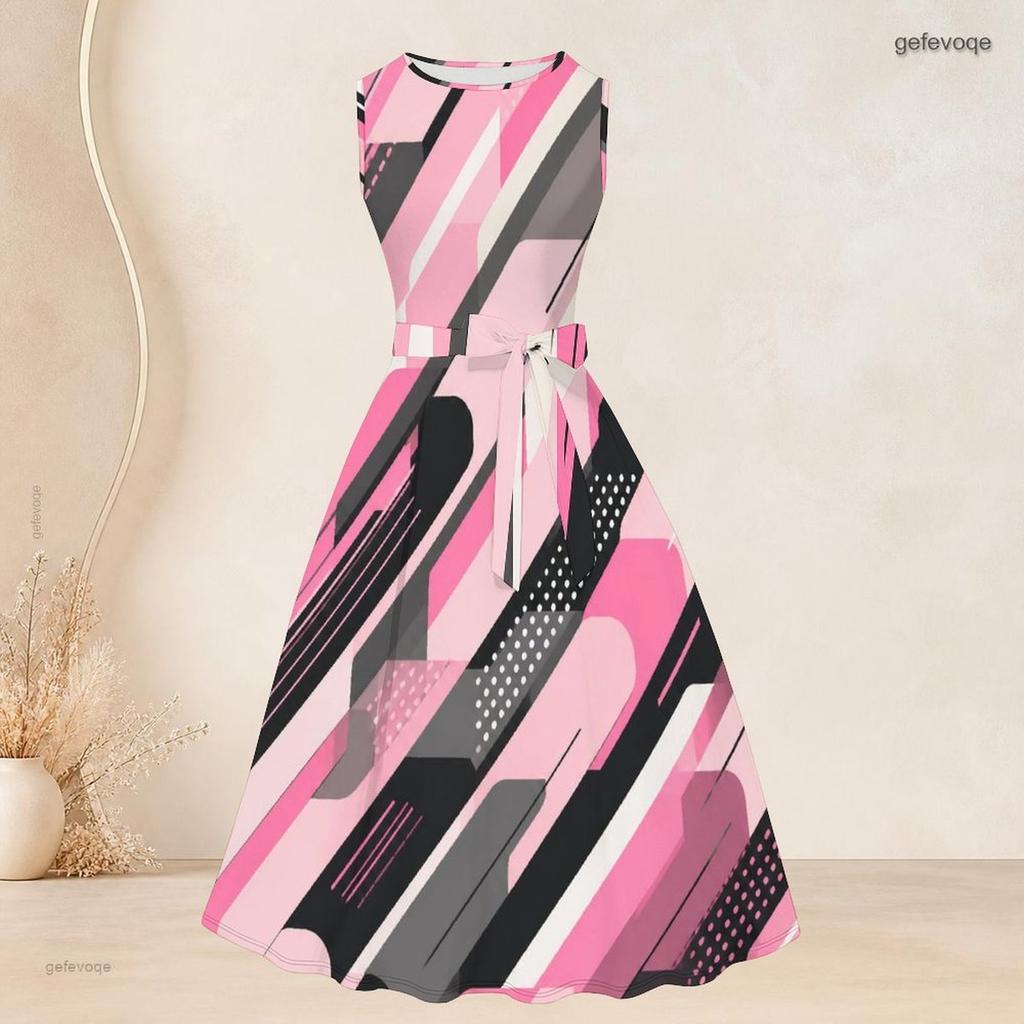 Women Plus Size Two Piece Set Sleeveless Round Neck Tie Waist Flared Dress 3 4 Sleeve Open Cardigan Green Geometric Printed