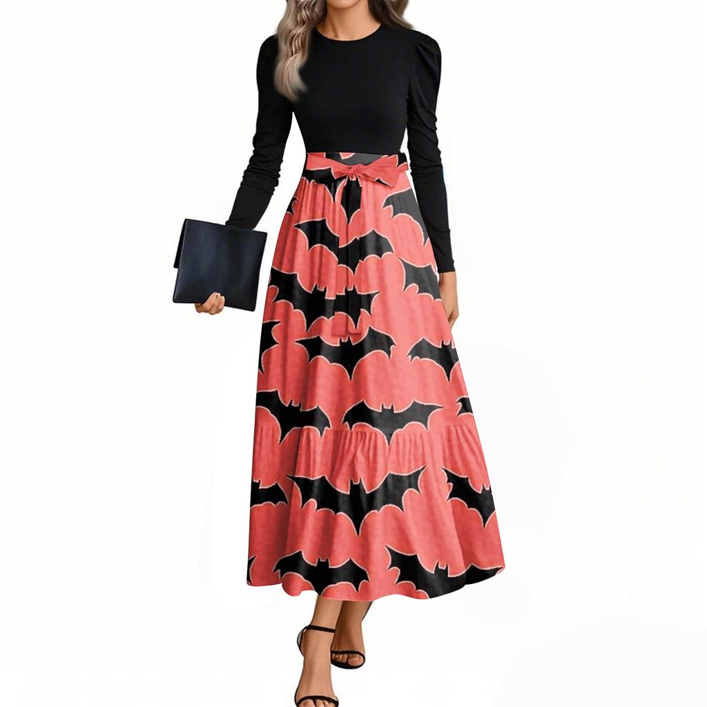 Women's Fashion Casual Belted Long Sleeve Round Neck Halloween Printed Elegant Temperament Dresses