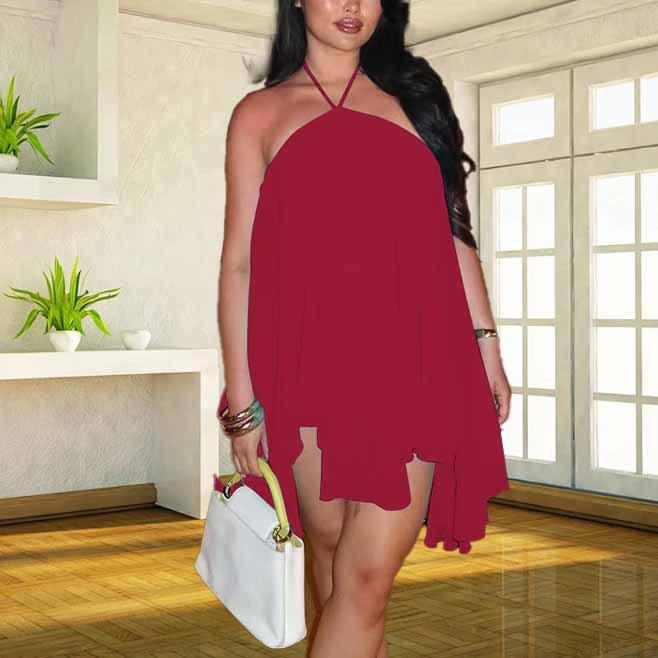 Sexy Women's Halter-neck Irregular Beach Dress with Backless Pure Color Net Fabric Dress