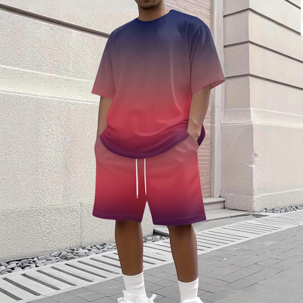 Men's Gradient Print Casual Short Sleeve Crew Neck Top and Shorts Set Lightweight Breathable Summer Outfit for Everyday Wear