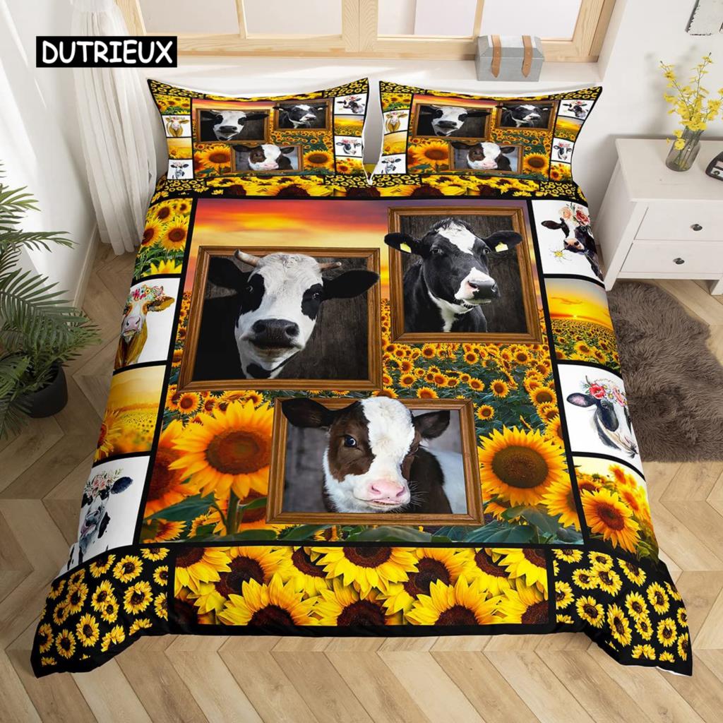 

Комплект постельного белья с изображением коровы из микрофибры King, комплект постельного белья с принтом коровьего молока и желтого подсолнуха, милый комплект постельного белья с изображением животных и цветов EU single(135x200cm)