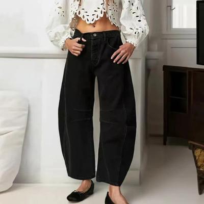 Dames Jeans Effen Kleur Laag Street Retro Wijde Pijp Los Hip Hop Zakken Streetwear Knoop Rits Sluiting Dames Lange Denim Broek