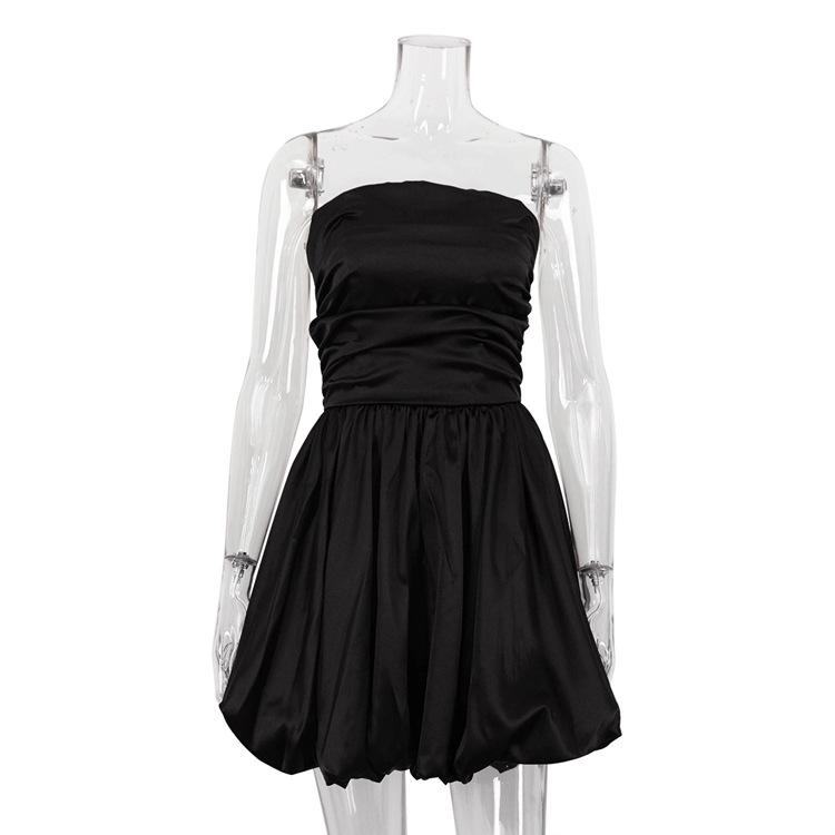 Women's Solid Ruched Satin Strapless Puff Ball Mini Dress Elegant Party Cocktail Dress