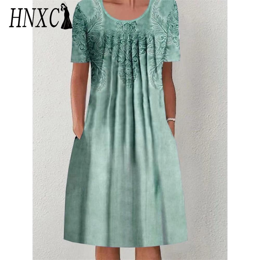 HNXC 30 Color Pleated Midi Dress Short Sleeve Round Neck Loose Hem Mid-Calf Length Women Floral A-Line Party Dress Casual Wear