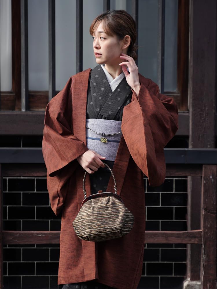 Kurume Ori Haori Wyprodukowano w Japonii Stylowe Urocze Kimono Można Prać M Ceglaste [ROCCA] Damskie