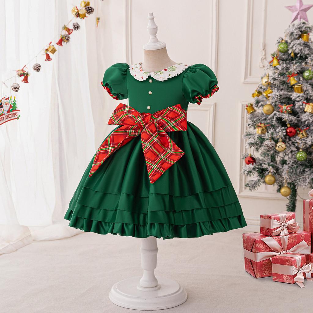 Kids Girls Santa Claus Xmas Elf Princess Bow Dress Children Christmas New Year Cosplay Costumes Kindergarten Performance Role Play Outfit