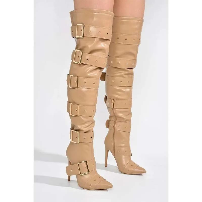 Blue Denim Sexy Sliver Buckled Thigh High Boots Women's Black Leather Pointed Toe High Heels Long Boot Luxury Design Party Shoes