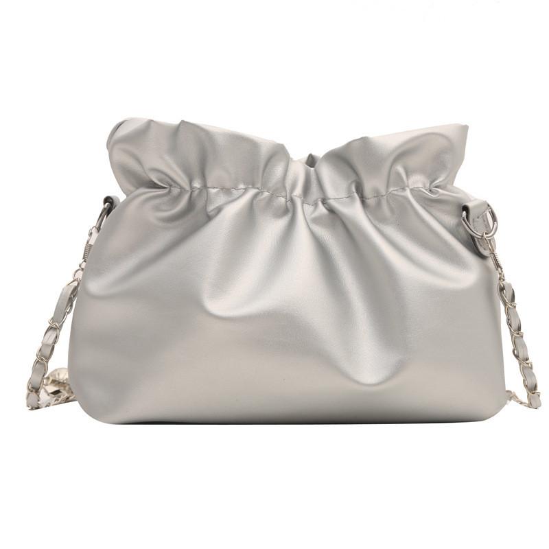 Small Pu Bucket Handbag With Wrinkled Texture And Chain Shoulder Strap For Street Fashion