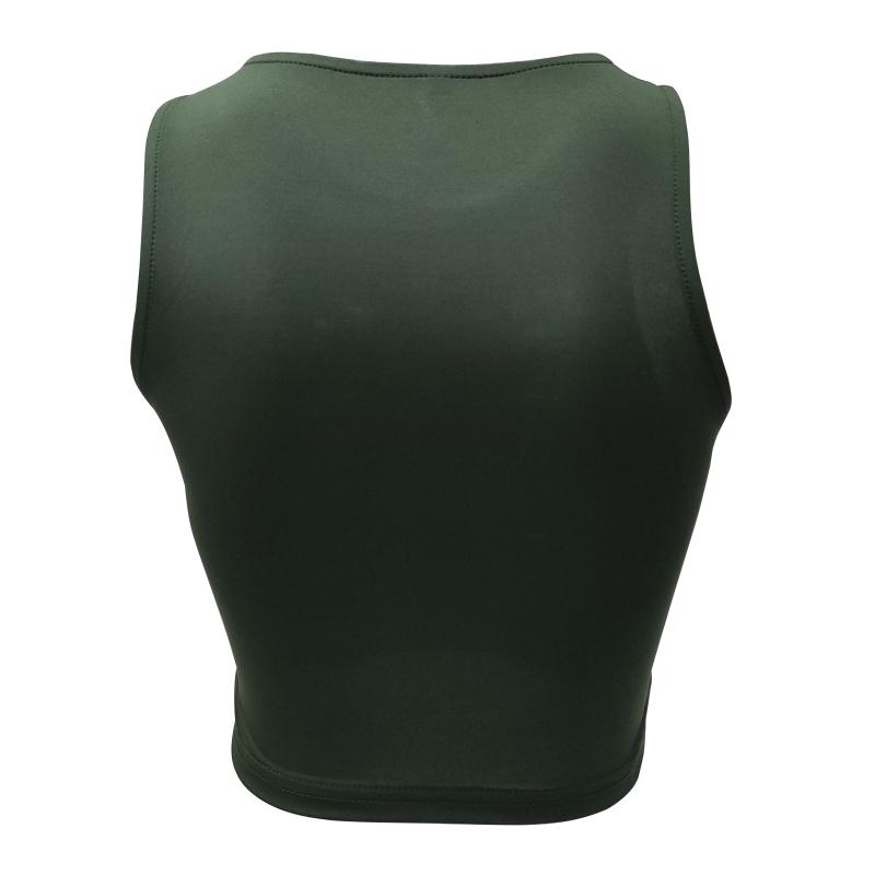 Dámské jednobarevné kulaté výstřihové vesty s ramínky na zádech a odhaleným pupkem