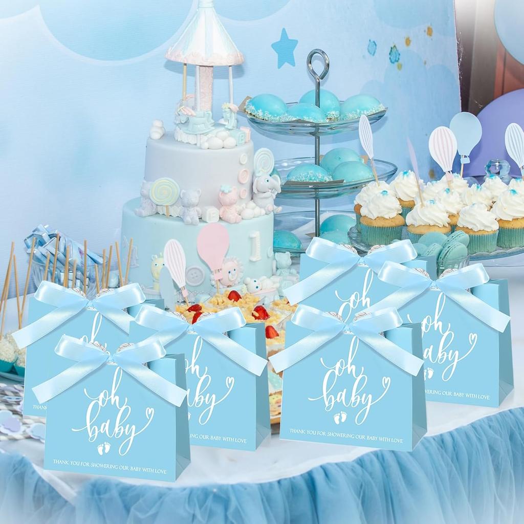 Spakon 25 Packs Baby Shower Favors for Guests Oh Baby Gifts Bag with Handles Paper Goodie Gift Bags with Ribbon for Newborn Gender Reveal