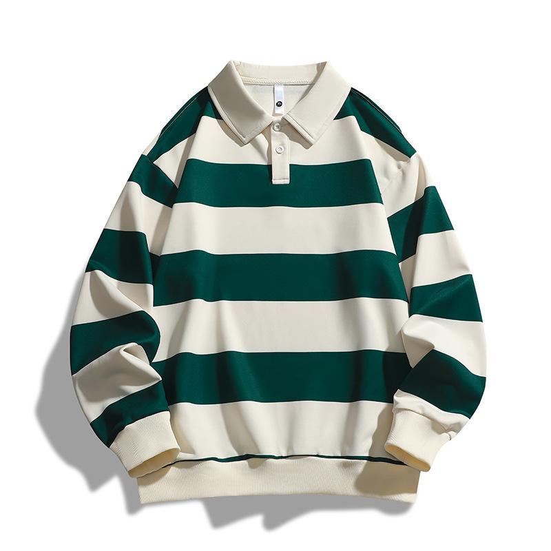 2025 Spring & Fall Trendy Loose Striped Double Pique Sweatshirt Unisex Hong Kong Style