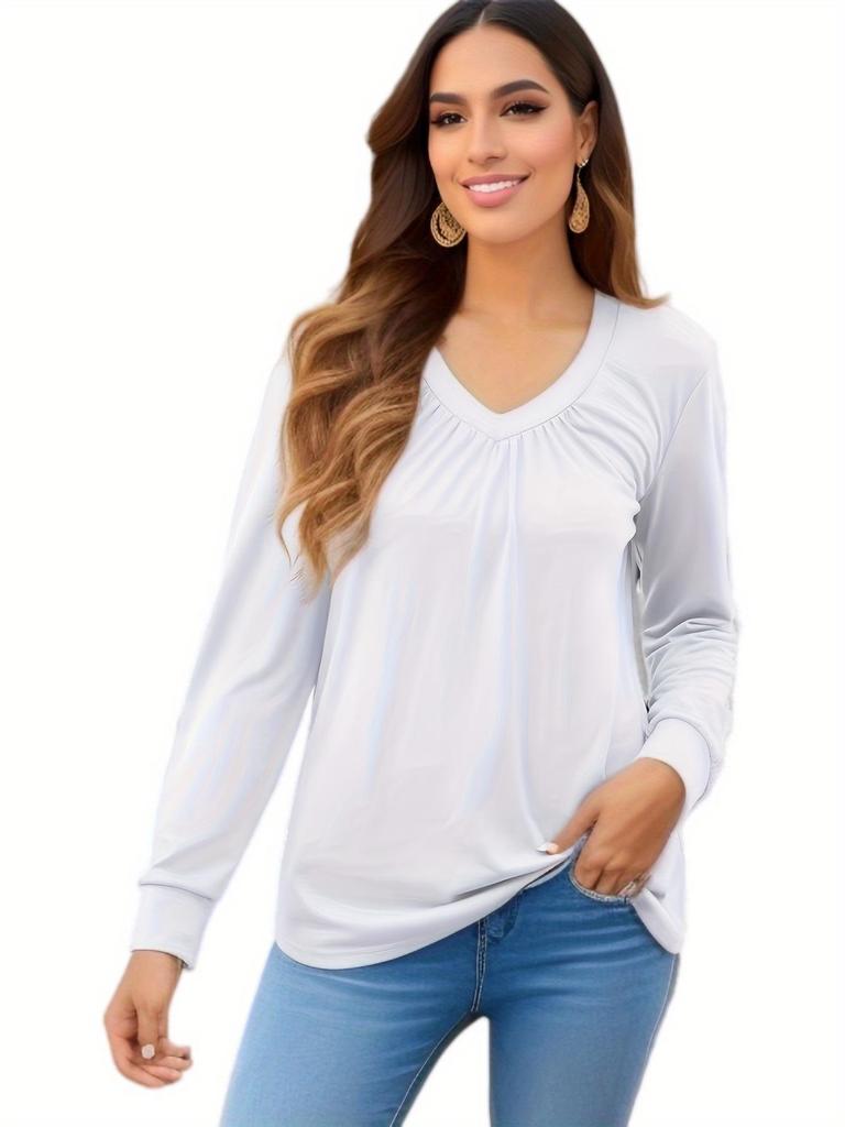 European & American Women's Autumn Ruched V-neck Ruffle Long Sleeve Loose T-shirt