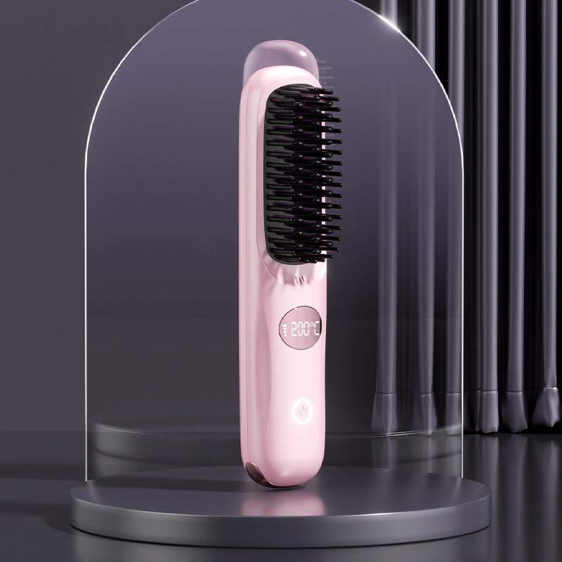 Portable Cordless Hair Straightener 2000mah Curling Brush 3 Levels Electric Rechargeable Negative Ion Wireless Comb 3.7v розовый