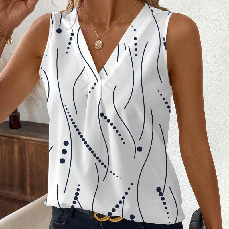 Sommer Neue Ärmellose Druck V-Ausschnitt Freizeithemden für Damen Mode Tops Elegant Vintage Slim Pullover Weiße Blusen Damen Einfache Damenbluse 26513
