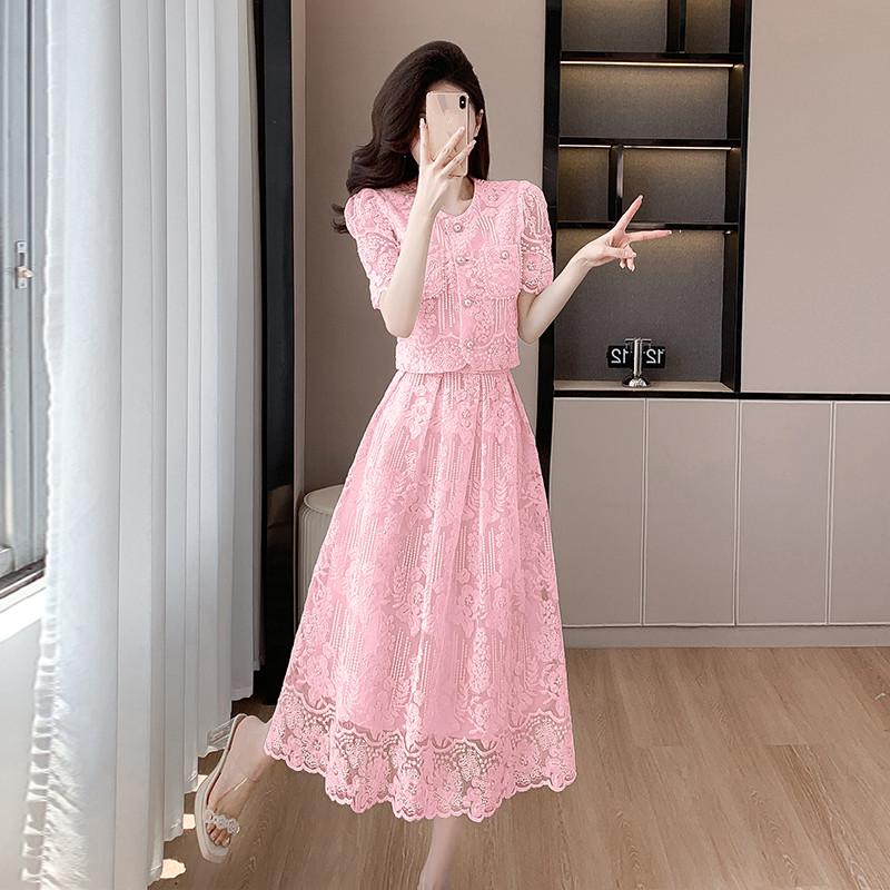 Elegante Damen Sommer Spitzenanzüge Süße einfarbige Blumenstickerei Hemd Tops Zweiteiliges Set Midi-Länge Rock Damen Outfits