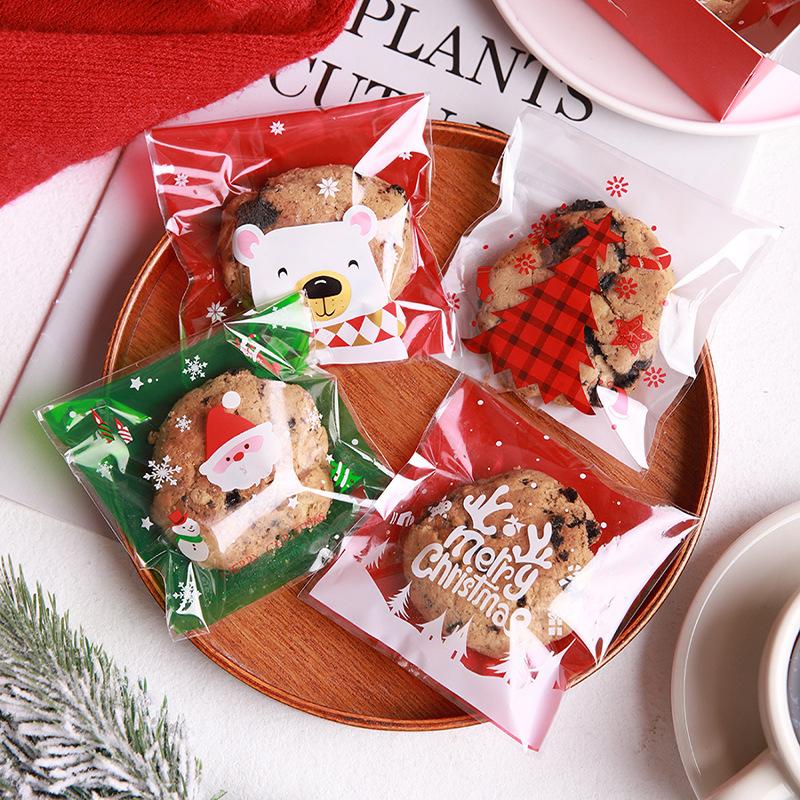 100pcs Christmas Cookie Candy Bags Self Adhesive Gift Packaging Biscuit Snack Bag New Year 2024 Noel Navidad Xmas Party Decor
