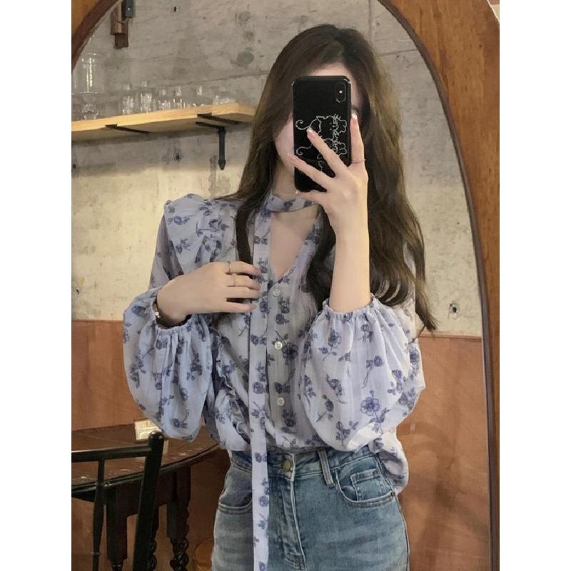 Lace Up Ruffle Edge Floral Shirt Women's Long Sleeve V-neck Female's Single Breaste Blouse French Gentle Lady's Chic Top