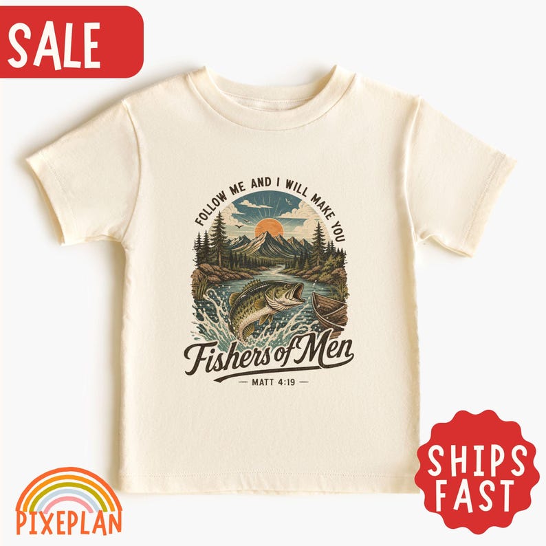 Fishers of Men Toddler Shirt, Matthew 4:19 Christian Kids Tee, Bible Verse Fishing Shirt, Retro Faith Tee, Sunday School Gift, Boys Tee 120