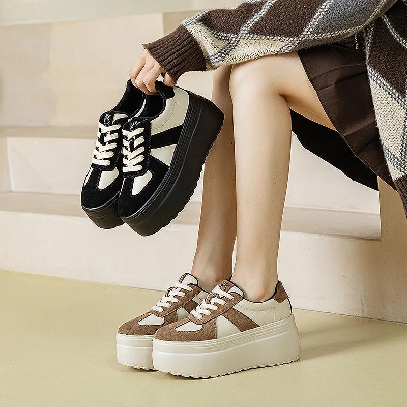 Fashion 8CM Genuine Leather Vulcanize Loafer Spring Autumn Platform Wedge Vulcanize High Brand Comfy Chunky Sneaker Women Shoes