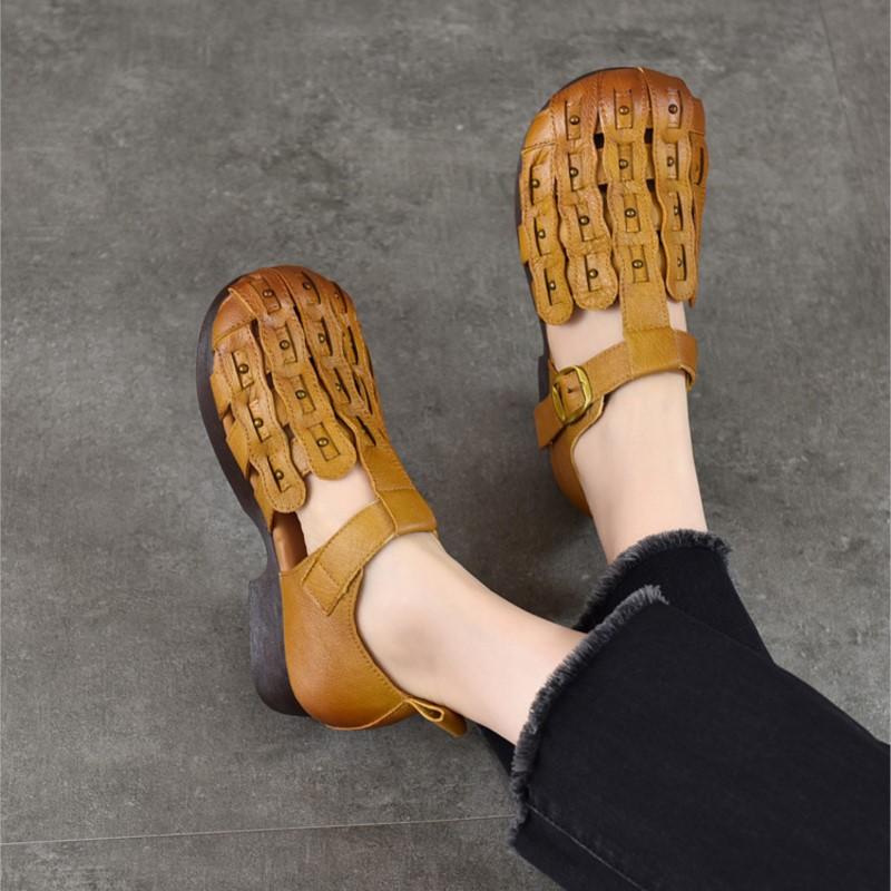 Johnature Genuine Leather Round Toe Soft Soled Sandals Hollow Out Breathable Low Heel Women's Shoes